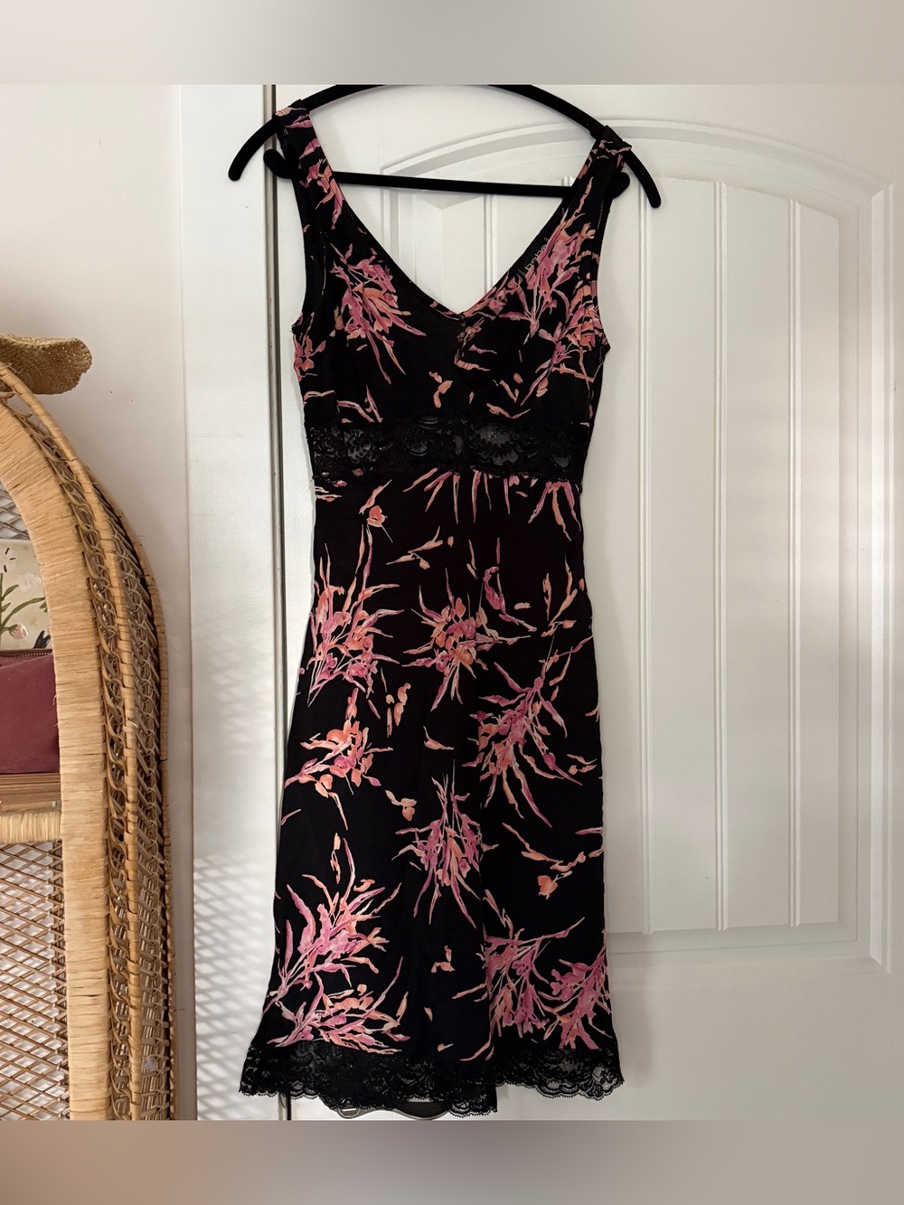 bebe | Dresses | Vintage Y2k Bebe Black Floral Print Bias Cut Dress Lace Trim Xs Midi Usa